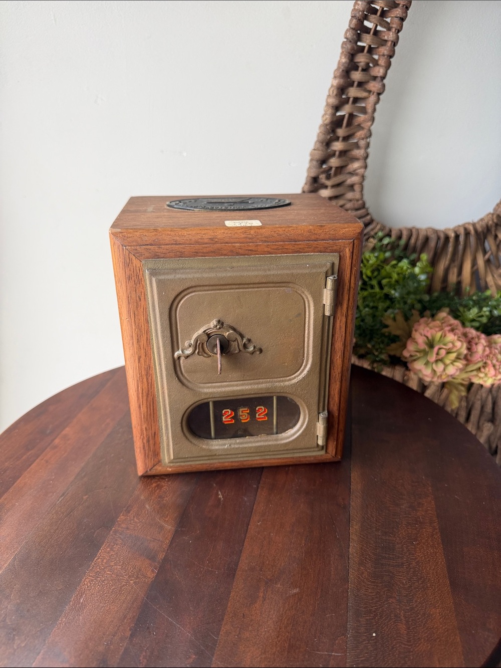 Antique Wood Coin Bank with Brass Mail Box Door Front with original Key